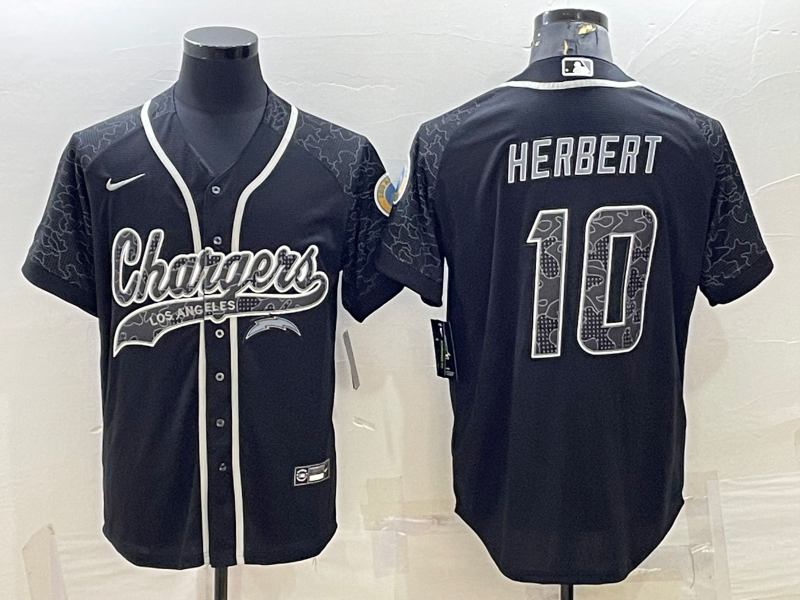 Men's Los Angeles Chargers #10 Justin Herbert Black Reflective With Patch Cool Base Stitched Baseball Jersey